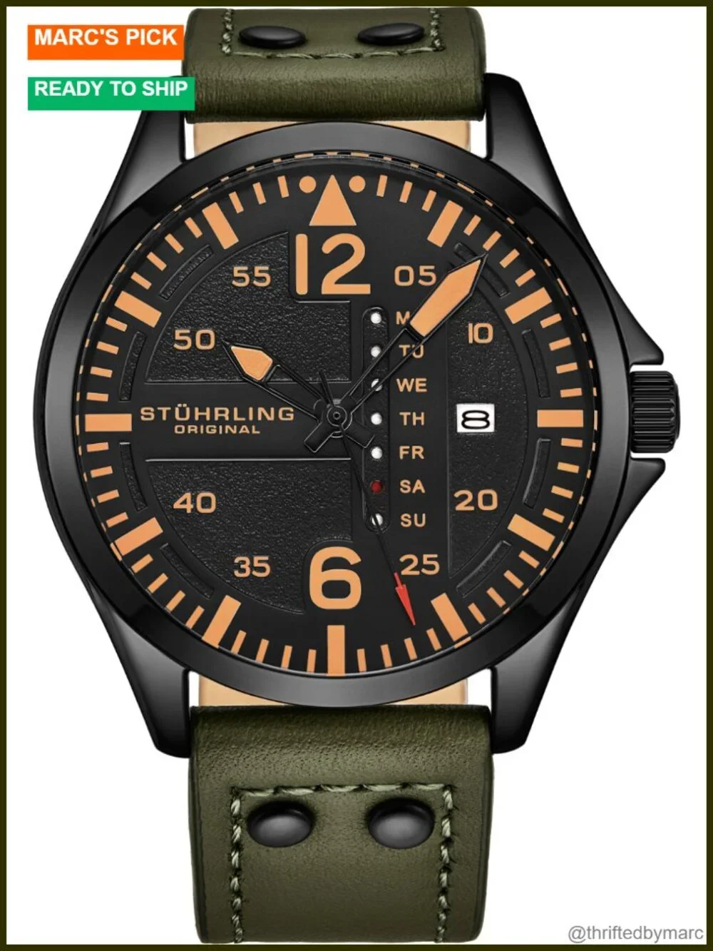 Aviator Watch 42mm Japanese Quartz Day Date Luminous Dial Leather Strap Water